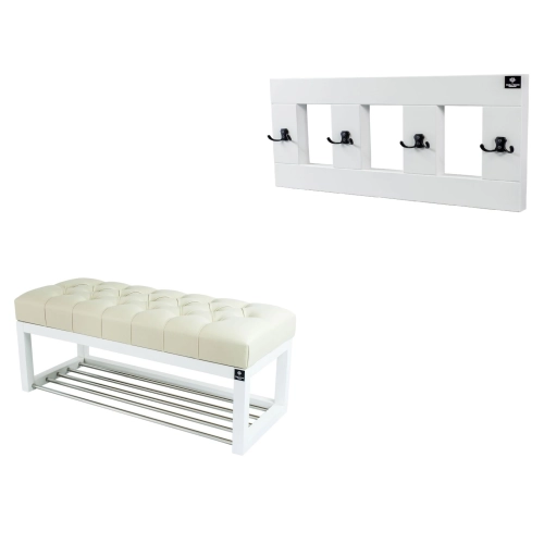 Ławeczka Pufa Pikowana  Ekoskóra Ecru Guzik Tapicerowany LPP-4 + Wieszak Ścienny WDC-17 Kolory
