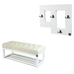 Ławeczka Pufa Pikowana Ekoskóra Ecru Guzik Tapicerowany LPP-4 + Wieszak Ścienny WDC-19 Kolory