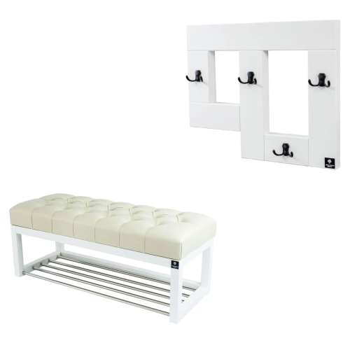 Ławeczka Pufa Pikowana Ekoskóra Ecru Guzik Tapicerowany LPP-4 + Wieszak Ścienny WDC-19 Kolory