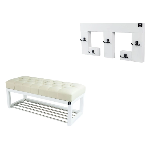 Ławka Pufa Pikowana Ekoskóra Ecru Guzik Tapicerowany LPP-4 + Wieszak Ścienny WDC-22 Kolory