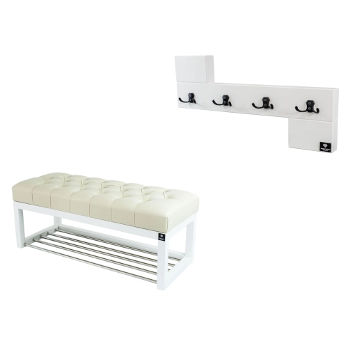 Ławka Pufa Pikowana Ekoskóra Ecru Guzik Tapicerowany LPP-4 + Wieszak Ścienny WDC-35 Kolory