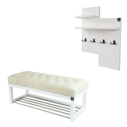 Ławka Pufa Pikowana Ekoskóra Ecru Guzik Tapicerowany LPP-4 + Wieszak Ścienny WDC-5 Kolory