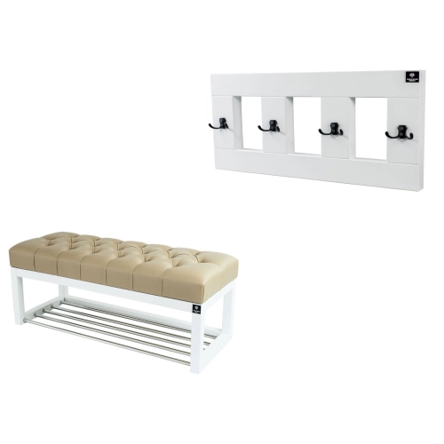 Ławeczka Pufa Pikowana  Ekoskóra Beż Guzik Tapicerowany LPP-4 + Wieszak Ścienny WDC-17 Kolory