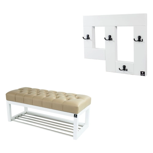 Ławeczka Pufa Pikowana Ekoskóra Beż Guzik Tapicerowany LPP-4 + Wieszak Ścienny WDC-19 Kolory