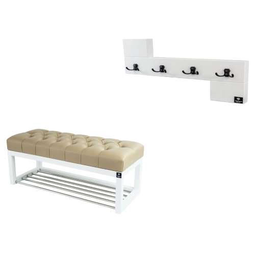 Ławka Pufa Pikowana Ekoskóra Beż Guzik Tapicerowany LPP-4 + Wieszak Ścienny WDC-35 Kolory