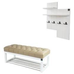 Ławka Pufa Pikowana Ekoskóra Beż Guzik Tapicerowany LPP-4 + Wieszak Ścienny WDC-5 Kolory