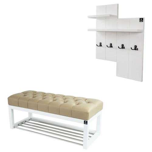 Ławka Pufa Pikowana Ekoskóra Beż Guzik Tapicerowany LPP-4 + Wieszak Ścienny WDC-5 Kolory