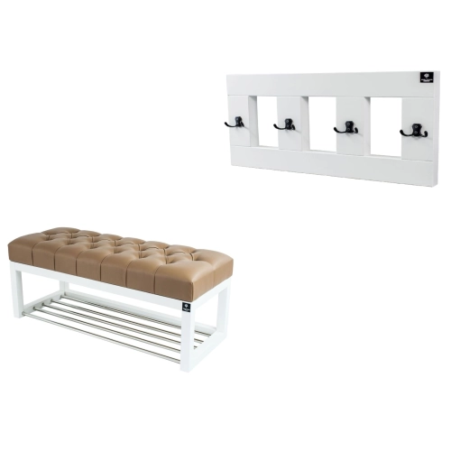 Ławeczka Pufa Pikowana  Ekoskóra Brąz Guzik Tapicerowany LPP-4 + Wieszak Ścienny WDC-17 Kolory