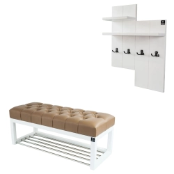 Ławka Pufa Pikowana Ekoskóra Brąz Guzik Tapicerowany LPP-4 + Wieszak Ścienny WDC-5 Kolory