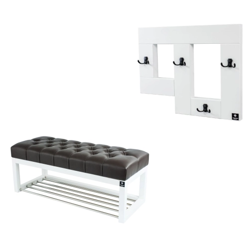 Ławeczka Pufa Pikowana Ekoskóra Brąz Guzik Tapicerowany LPP-4 + Wieszak Ścienny WDC-19 Kolory