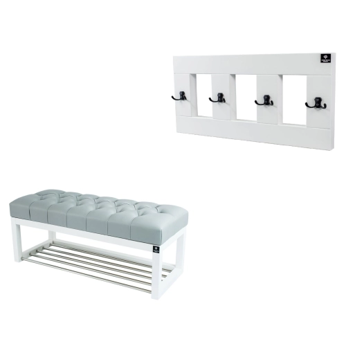 Ławeczka Pufa Pikowana  Ekoskóra Popiel Guzik Tapicerowany LPP-4 + Wieszak Ścienny WDC-17 Kolory
