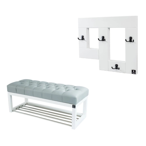 Ławeczka Pufa Pikowana Ekoskóra Popiel Guzik Tapicerowany LPP-4 + Wieszak Ścienny WDC-19 Kolory