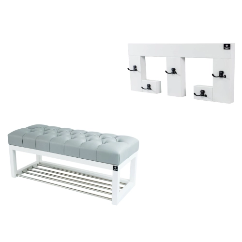 Ławka Pufa Pikowana Ekoskóra Popiel Guzik Tapicerowany LPP-4 + Wieszak Ścienny WDC-22 Kolory