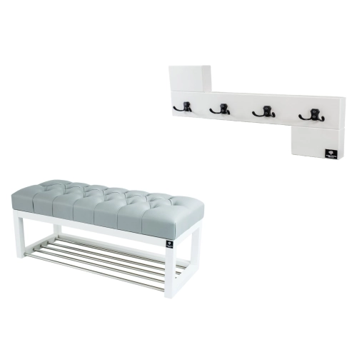 Ławka Pufa Pikowana Ekoskóra Popiel Guzik Tapicerowany LPP-4 + Wieszak Ścienny WDC-35 Kolory