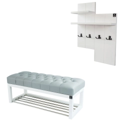 Ławka Pufa Pikowana Ekoskóra Popiel Guzik Tapicerowany LPP-4 + Wieszak Ścienny WDC-5 Kolory