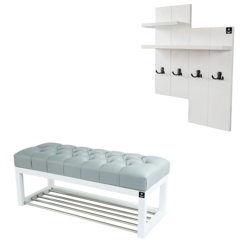 Ławka Pufa Pikowana Ekoskóra Popiel Guzik Tapicerowany LPP-4 + Wieszak Ścienny WDC-5 Kolory