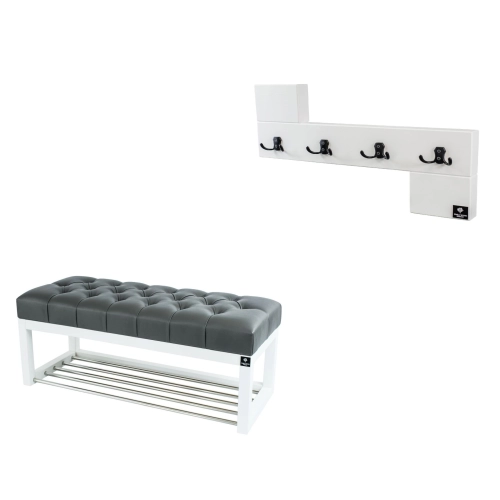 Ławka Pufa Pikowana Ekoskóra Grafit Guzik Tapicerowany LPP-4 + Wieszak Ścienny WDC-35 Kolory