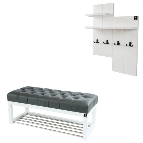 Ławka Pufa Pikowana Ekoskóra Grafit Guzik Tapicerowany LPP-4 + Wieszak Ścienny WDC-5 Kolory