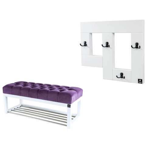 Ławeczka Pufa Pikowana Fioletowy Guzik Tapicerowany LPP-4 + Wieszak Ścienny WDC-19 Kolory
