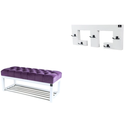 Ławka Pufa Pikowana Fioletowy Guzik Tapicerowany LPP-4 + Wieszak Ścienny WDC-22 Kolory
