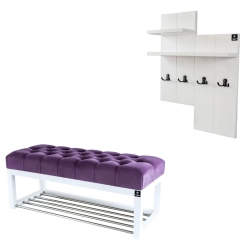 Ławka Pufa Pikowana Fioletowy Guzik Tapicerowany LPP-4 + Wieszak Ścienny WDC-5 Kolory