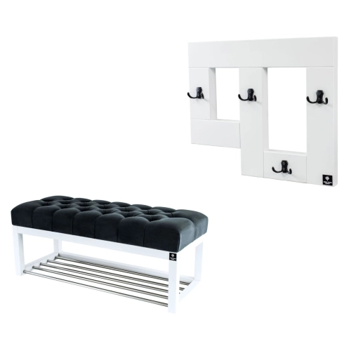 Ławeczka Pufa Pikowana Grafitowy Guzik Tapicerowany LPP-4 + Wieszak Ścienny WDC-19 Kolory