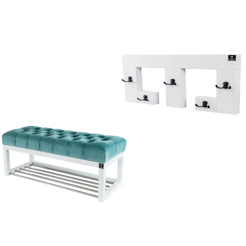 Ławka Pufa Pikowana Mięta Guzik Tapicerowany LPP-4 + Wieszak Ścienny WDC-22 Kolory