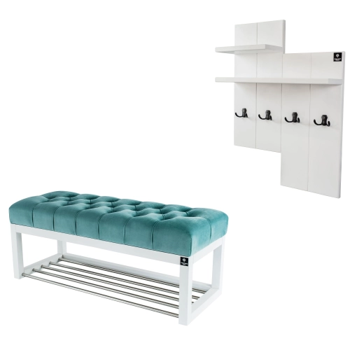 Ławka Pufa Pikowana Mięta Guzik Tapicerowany LPP-4 + Wieszak Ścienny WDC-5 Kolory