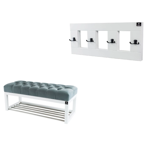 Ławeczka Pufa Pikowana Popiel Guzik Tapicerowany LPP-4 + Wieszak Ścienny WDC-17 Kolory