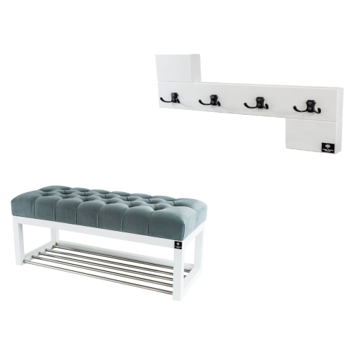 Ławka Pufa Pikowana Popiel Guzik Tapicerowany LPP-4 + Wieszak Ścienny WDC-35 Kolory