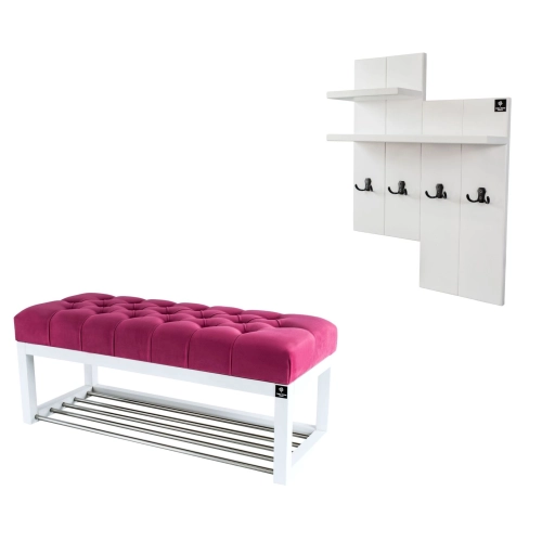 Ławka Pufa Pikowana Różowy Guzik Tapicerowany LPP-4 + Wieszak Ścienny WDC-5 Kolory