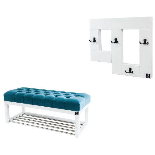 Ławeczka Pufa Pikowana Turkus Guzik Tapicerowany LPP-4 + Wieszak Ścienny WDC-19 Kolory