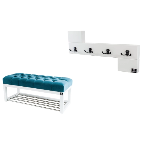 Ławka Pufa Pikowana Turkus Guzik Tapicerowany LPP-4 + Wieszak Ścienny WDC-35 Kolory