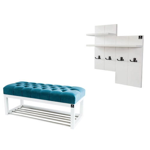 Ławka Pufa Pikowana Turkus Guzik Tapicerowany LPP-4 + Wieszak Ścienny WDC-5 Kolory