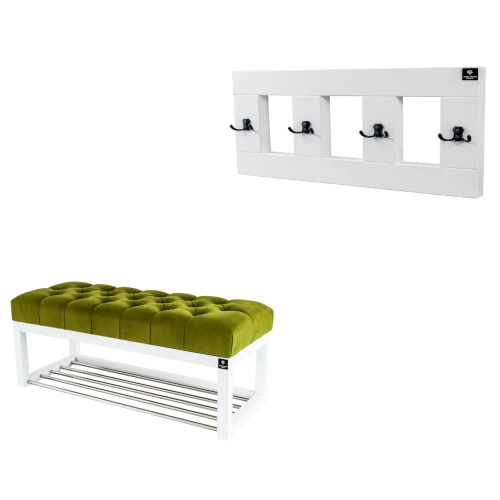 Ławeczka Pufa Pikowana Zielony Guzik Tapicerowany LPP-4 + Wieszak Ścienny WDC-17 Kolory