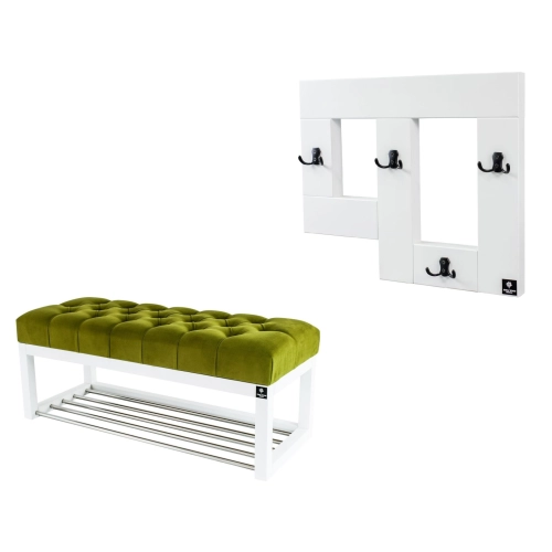 Ławeczka Pufa Pikowana Zielony  Guzik Tapicerowany LPP-4 + Wieszak Ścienny WDC-19 Kolory