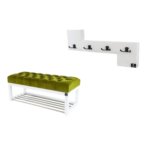 Ławka Pufa Pikowana Zielony Guzik Tapicerowany LPP-4 + Wieszak Ścienny WDC-35 Kolory