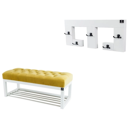 Ławka Pufa Pikowana Żółty Guzik Tapicerowany LPP-4 + Wieszak Ścienny WDC-22 Kolory