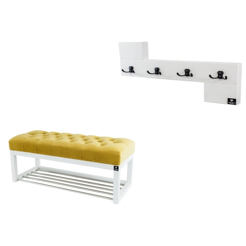 Ławka Pufa Pikowana Żółcień Cytrynowa Guzik Tapicerowany LPP-4 + Wieszak Ścienny WDC-35 Kolory