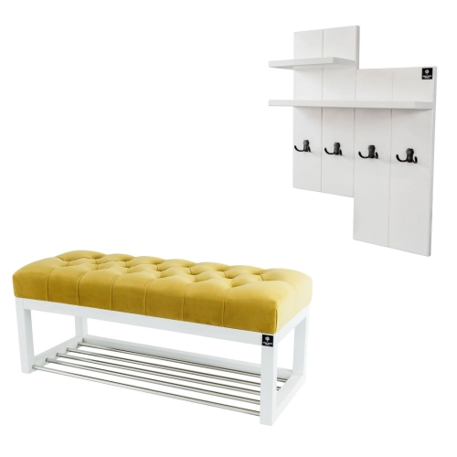 Ławka Pufa Pikowana Żółty Guzik Tapicerowany LPP-4 + Wieszak Ścienny WDC-5 Kolory