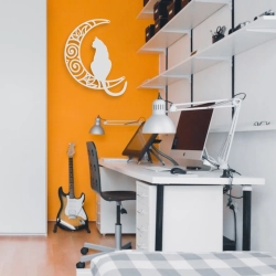 Stalowy dekor na ścianę - Kocia podróż na księżycu Biały