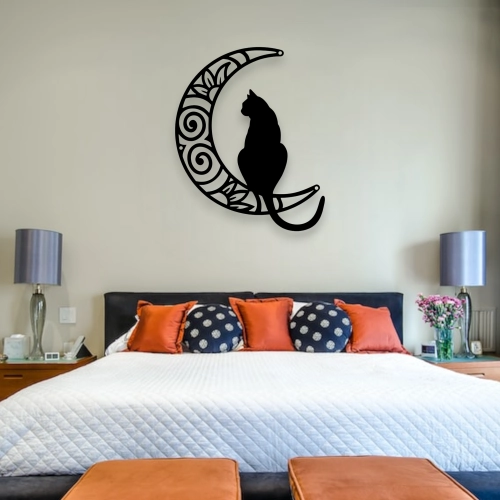 Stalowy dekor na ścianę - Kocia podróż na księżycu Czarny