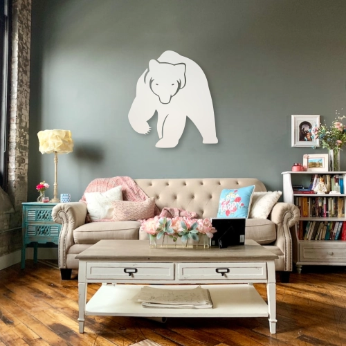 Stalowa Dekoracja na Ścianę z Sylwetką Niedźwiedzia Biały