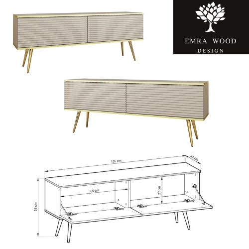 Szafka RTV Beżowo - Złota 135 cm Noga Czarna - Złota MDF