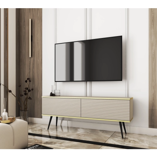 Szafka RTV Beżowo - Złota 135 cm Noga Czarna - Złota MDF