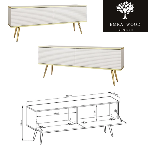 Szafka RTV Biało - Złota 135 cm Noga Czarna - Złota MDF