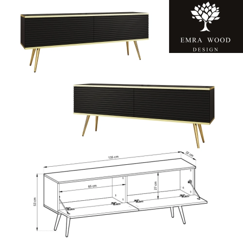 Szafka RTV Czarno - Złota 135 cm Noga Czarna - Złota MDF