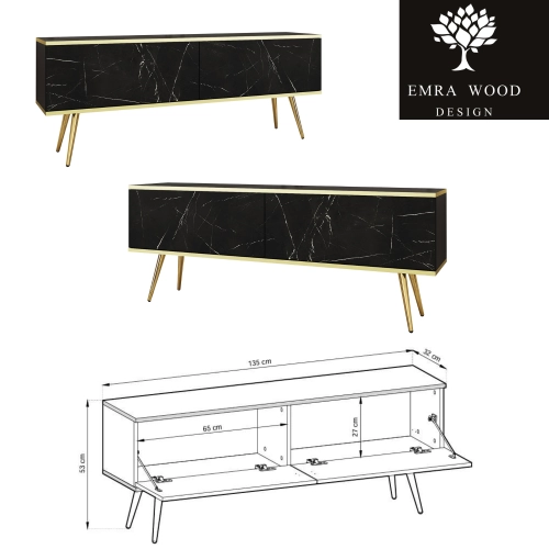 Szafka RTV Marmur Black Royal - Złota  135 cm Noga Czarna -  Złota