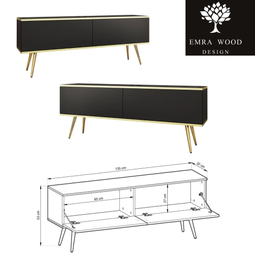 Szafka RTV Czarna - Złota  135 cm Noga Czarna -  Złota