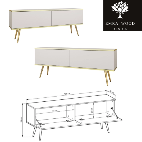 Szafka RTV Biało - Złota  135 cm Noga Czarna -  Złota